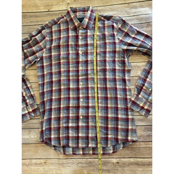 Scott Barber Mens M Dress Shirt Button Up Red Blue Check Plaid Long Sleeve - Picture 5 of 6